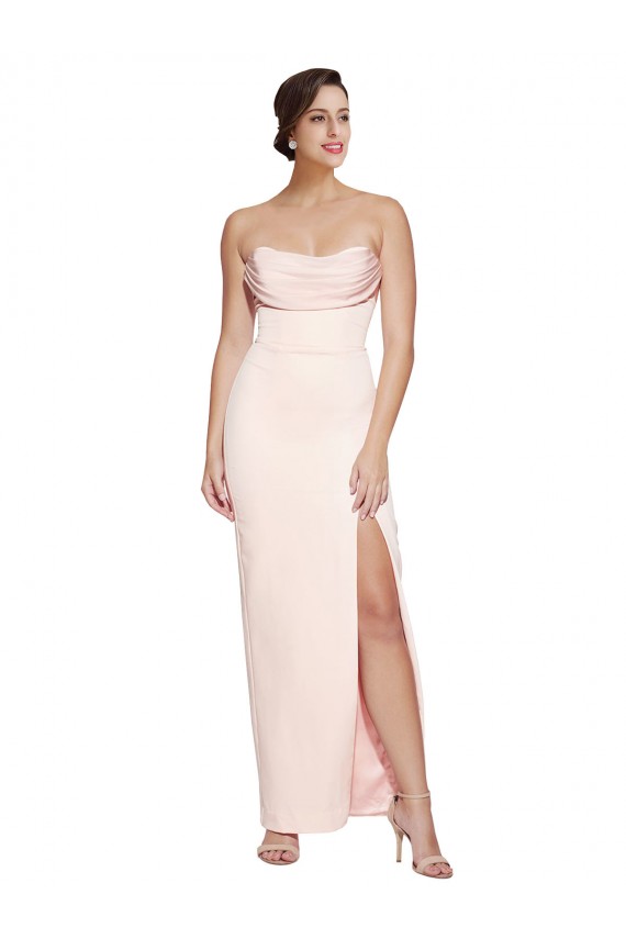 Wholesale Cowl Neck Strapless Stretch Satin Prom Dress with High Split UK