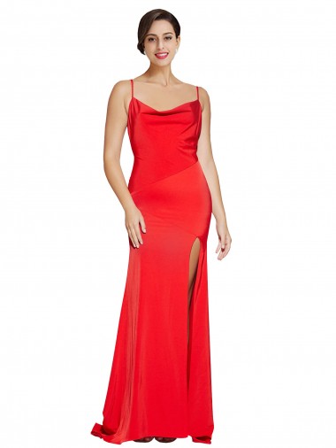 Wholesale Low Back Cowl Neck Stretch Satin Prom Dress with High Side Slit UK