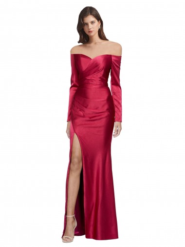 Wholesale Long Sleeves Off the Shoulder Stretch Satin Prom Dress with High Side Split UK