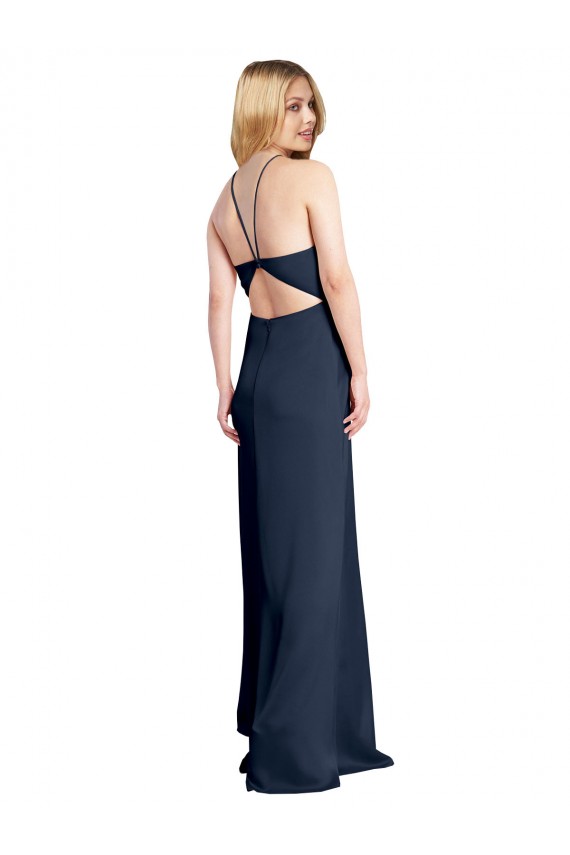 Wholesale Halter Neckline Long Stretch Satin Prom Dress with Strappy Back and Side Slit UK