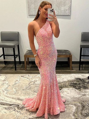 Wholesale Open Back One Shoulder Sleeveless Long Sweep Train Velvet Sequin Prom Dress UK