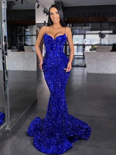 Wholesale Mermaid Spaghetti Straps Sleeveless Long Sweep Train Velvet Sequin Prom Dress UK