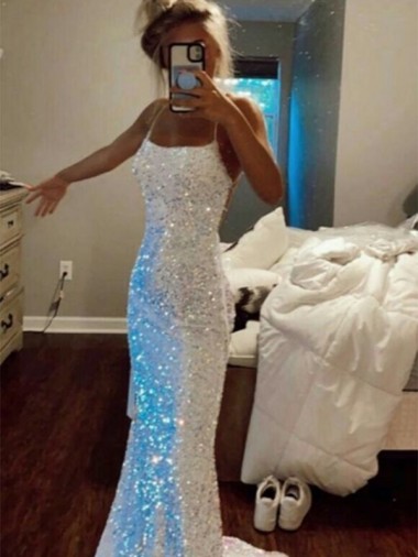 Wholesale Long Spaghetti Straps Sleeveless Sweep Train Velvet Sequin Prom Dress UK