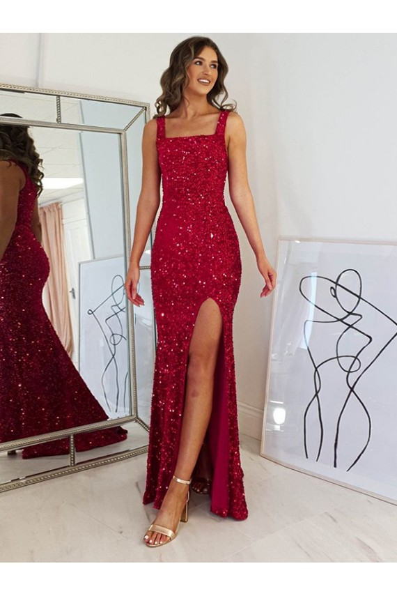 Wholesale Square Neck Sleeveless Long Velvet Sequin Prom Dress with Slit UK