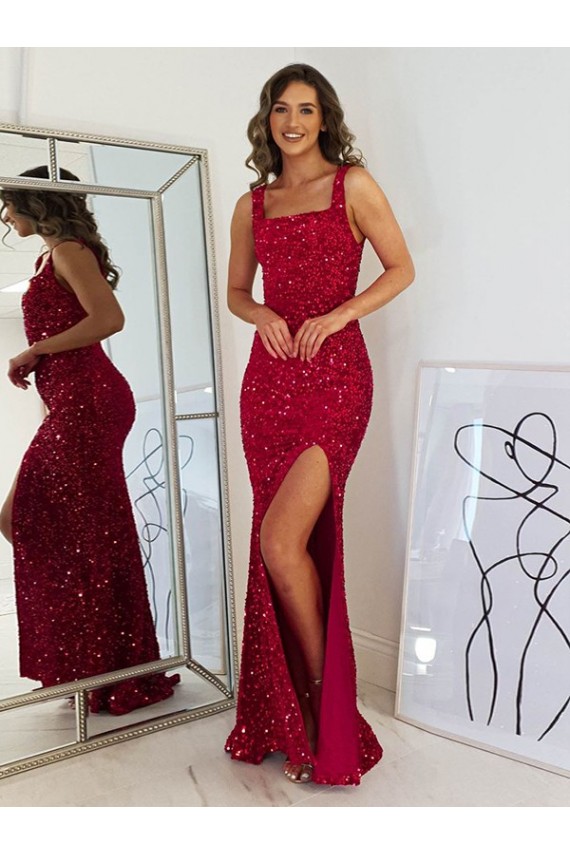 Wholesale Square Neck Sleeveless Long Velvet Sequin Prom Dress with Slit UK