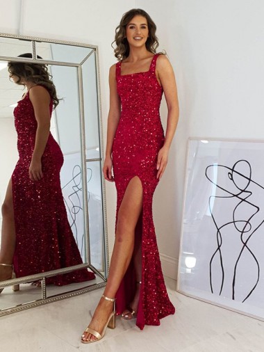 Wholesale Square Neck Sleeveless Long Velvet Sequin Prom Dress with Slit UK