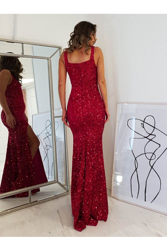 Wholesale Square Neck Sleeveless Long Velvet Sequin Prom Dress with Slit UK