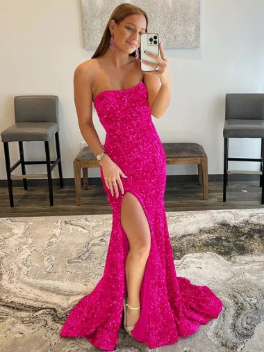 Wholesale Strapless Sleeveless Long Sweep Train Velvet Sequin Prom Dress with Side Slit UK