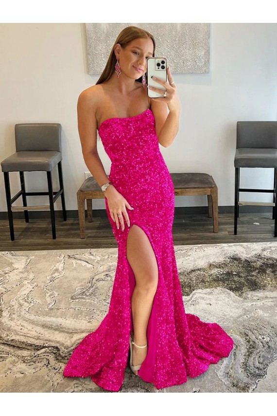 Wholesale Strapless Sleeveless Long Sweep Train Velvet Sequin Prom Dress with Side Slit UK