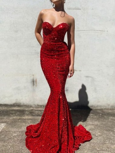 Wholesale Mermaid Sweetheart Sleeveless Long Court Train Velvet Sequin Prom Dress UK