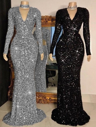 Wholesale V-Neck Long Sleeves Long Sweep Train Velvet Sequin Prom Dress UK