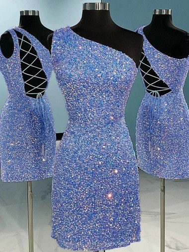 Wholesale Short Velvet Sequin One Shoulder Sleeveless Prom Dress UK