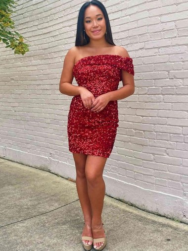 Wholesale Short One Shoulder Sleeveless Velvet Sequin Cocktail Prom Dress UK