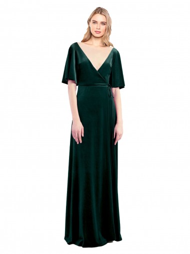 Wholesale Deep V-Neck Flutter Sleeves Long Velvet Wrap Prom Dress UK