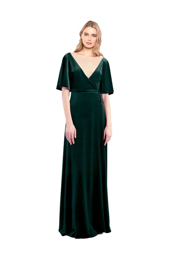 Wholesale Deep V-Neck Flutter Sleeves Long Velvet Wrap Prom Dress UK