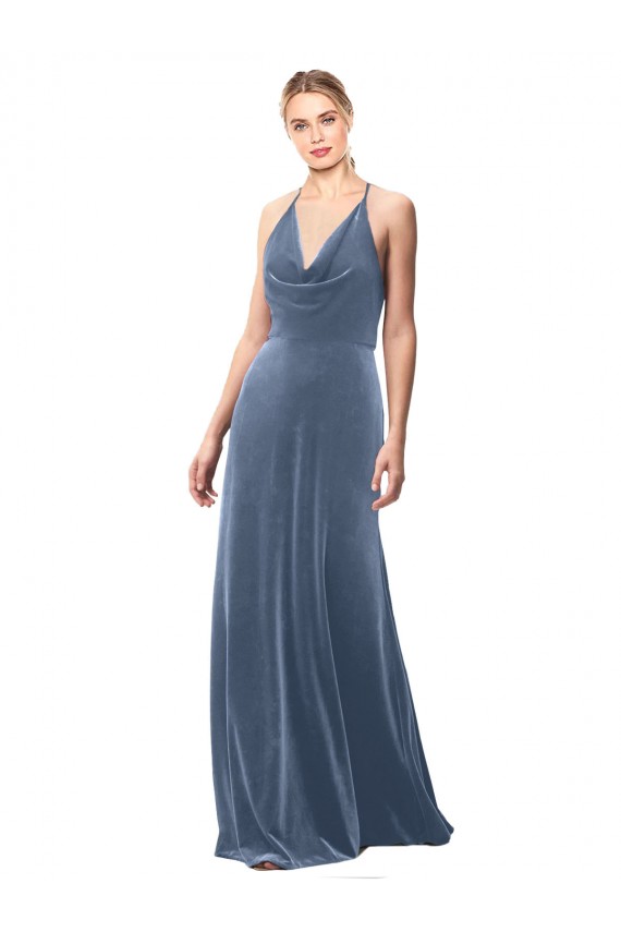 Wholesale Halter Cowl Neck Long A-Line Velvet Prom Dress with Keyhole Back UK