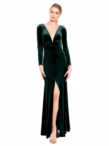 Wholesale Plunging V-Neckline Long Sleeves Open Back Velvet Prom Dress UK