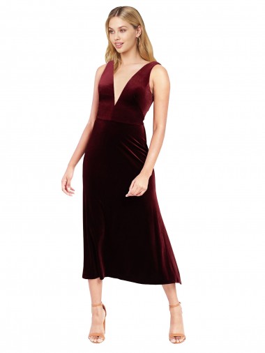 Wholesale Daring Plunging V-Neckline Short Midi Length Velvet Cocktail Prom Dress / Homecoming Dress UK