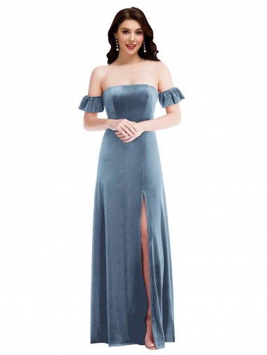 Wholesale Ruffle Sleeve Off the Shoulder Velvet Maxi Prom Dress UK