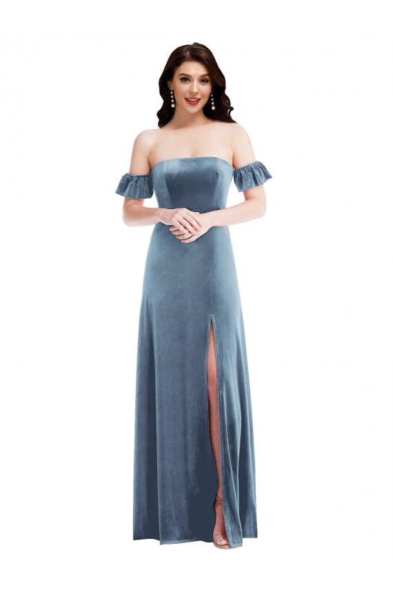 Wholesale Ruffle Sleeve Off the Shoulder Velvet Maxi Prom Dress UK