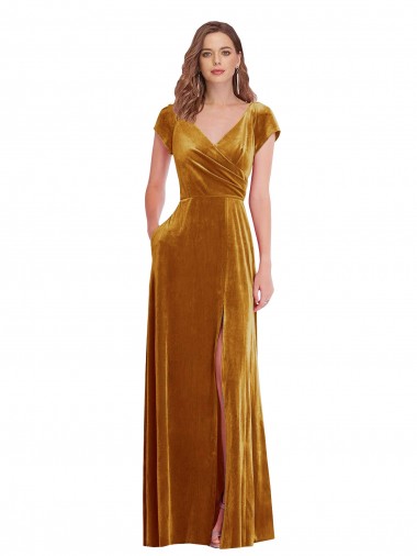 Wholesale Cap Sleeve Faux Wrap Velvet Maxi Prom Dress with Pockets UK