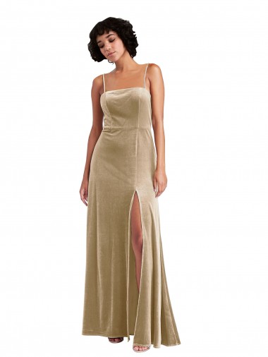 Wholesale Square Neck Velvet Maxi Prom Dress with Front Slit & Pockets UK