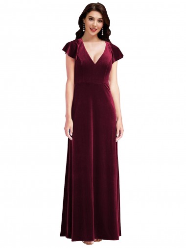 Wholesale Flutter Sleeve Velvet Maxi Prom Dress with Pockets UK