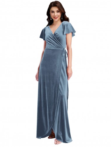 Wholesale Flutter Sleeve Velvet Wrap Maxi Prom Dress with Pockets UK