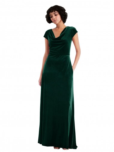 Wholesale Cowl Neck Cap Sleeve Velvet Maxi Prom Dress with Pockets UK