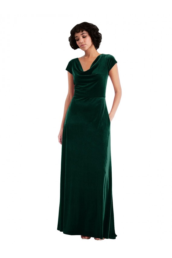 Wholesale Cowl Neck Cap Sleeve Velvet Maxi Prom Dress with Pockets UK