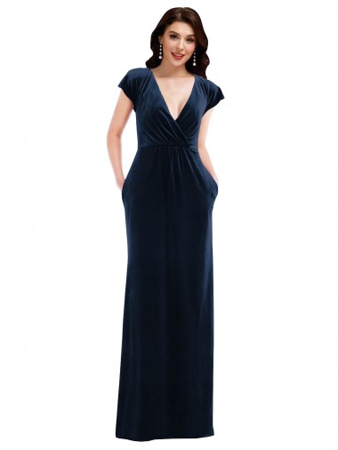 Wholesale Flutter Sleeve Wrap Bodice Velvet Maxi Prom Dress with Pockets UK