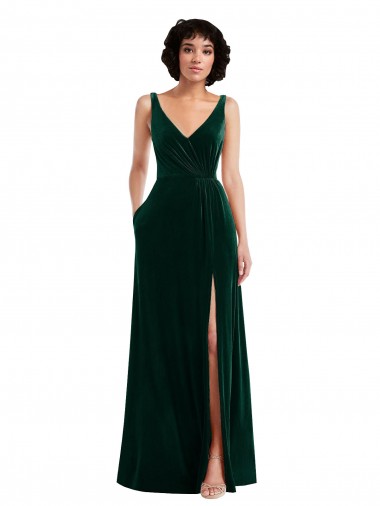 Wholesale Floor Length Velvet Maxi Prom Dress with Shirred Bodice and Front Slit UK