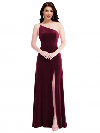 Wholesale One Shoulder Spaghetti Strap Velvet Maxi Prom Dress with Pockets UK