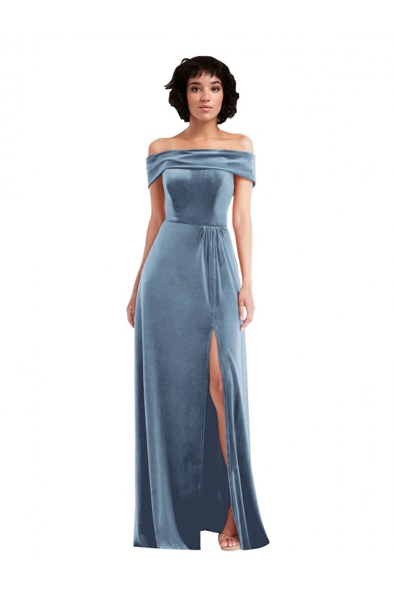 Wholesale Draped Cuff Off the Shoulder Velvet Maxi Prom Dress with Pockets UK