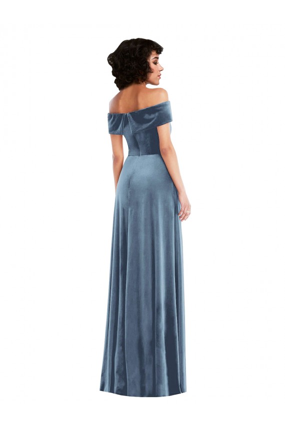 Wholesale Draped Cuff Off the Shoulder Velvet Maxi Prom Dress with Pockets UK