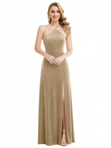 Wholesale High Neck Halter Open Back Long Velvet Maxi Prom Dress with Pockets UK