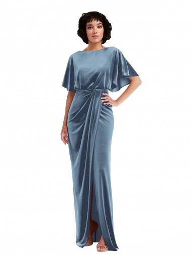 Wholesale Flutter Sleeve Open Back Velvet Maxi Prom Dress with Pockets & Draped Wrap Skirt UK