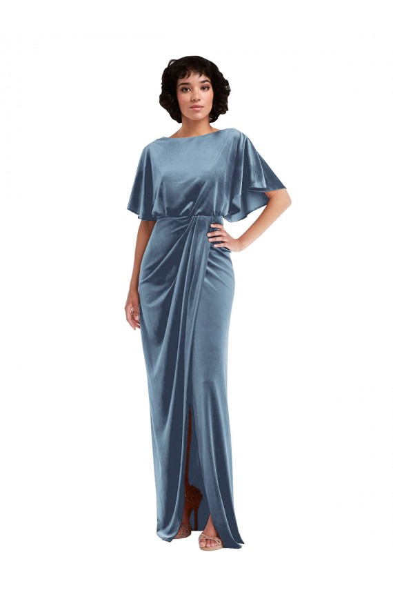 Wholesale Flutter Sleeve Open Back Velvet Maxi Prom Dress with Pockets & Draped Wrap Skirt UK