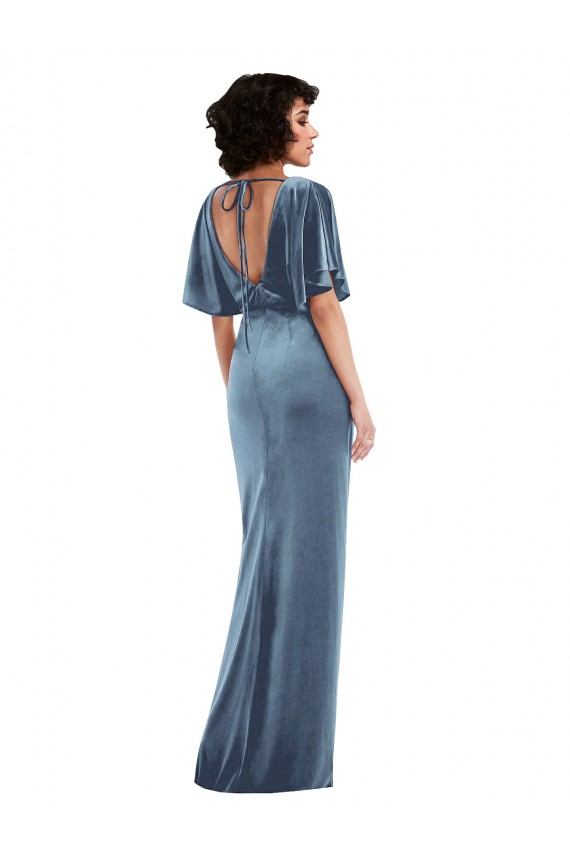 Wholesale Flutter Sleeve Open Back Velvet Maxi Prom Dress with Pockets & Draped Wrap Skirt UK