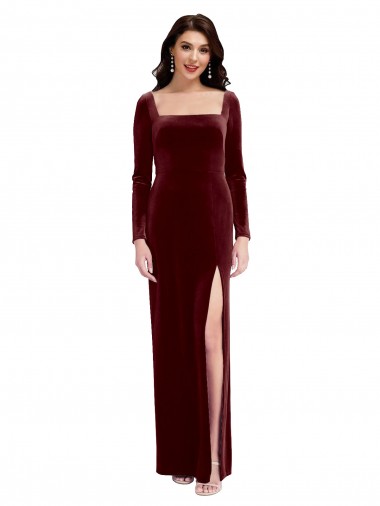 Wholesale Sleek Square Neck Spaghetti Straps Velvet Prom Dress with Side Slit UK