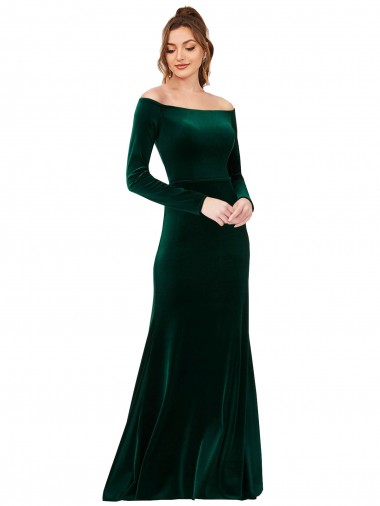 Wholesale Off the Shoulder Long Sleeves Stretch Velvet Prom Dress UK