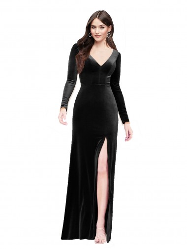 Wholesale Long Sleeves Velvet Prom Dress with V-Neckline and Thigh Slit UK