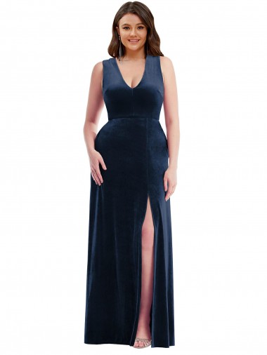 Wholesale Deep V-Neck Sleeveless Velvet Maxi Prom Dress with Pockets UK