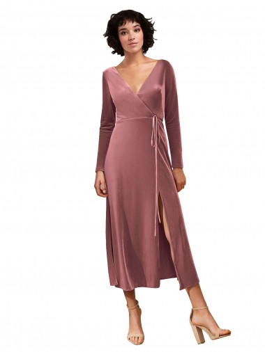 Wholesale Long Sleeve Velvet Faux Wrap Midi Length Prom Dress UK