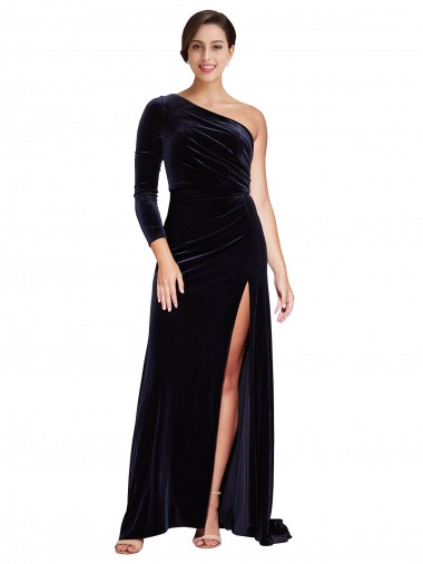 Wholesale One Sleeve Long Velvet Prom Dress with Thigh High Split UK