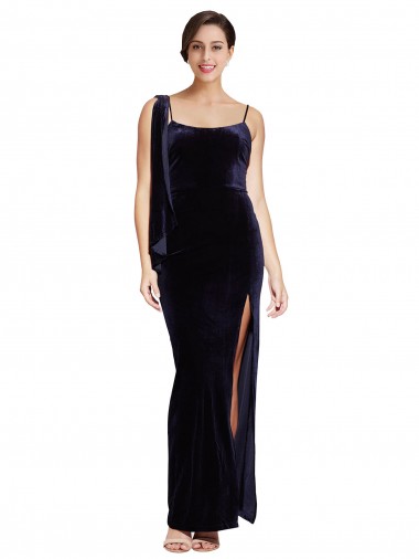 Wholesale Long Velvet Prom Dress with Side Thigh Split and Shoulder Tie UK