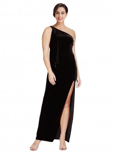 Wholesale One Shoulder Long Velvet Prom Dress with Side Split and Shoulder Tie UK